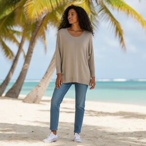 d&co Signature Women's Taupe Knit Sweater Long Sleeve Oversized V-Neck L